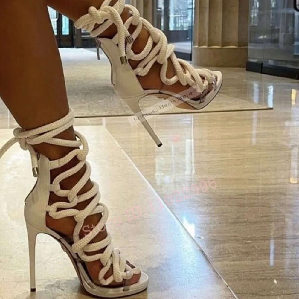 Cross Straps Hollow Cuts Open Toe Lace Up Sandals for Women