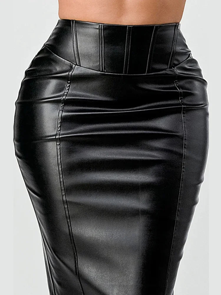 Vintage High Waist Faux Leather Midi Skirt for Women