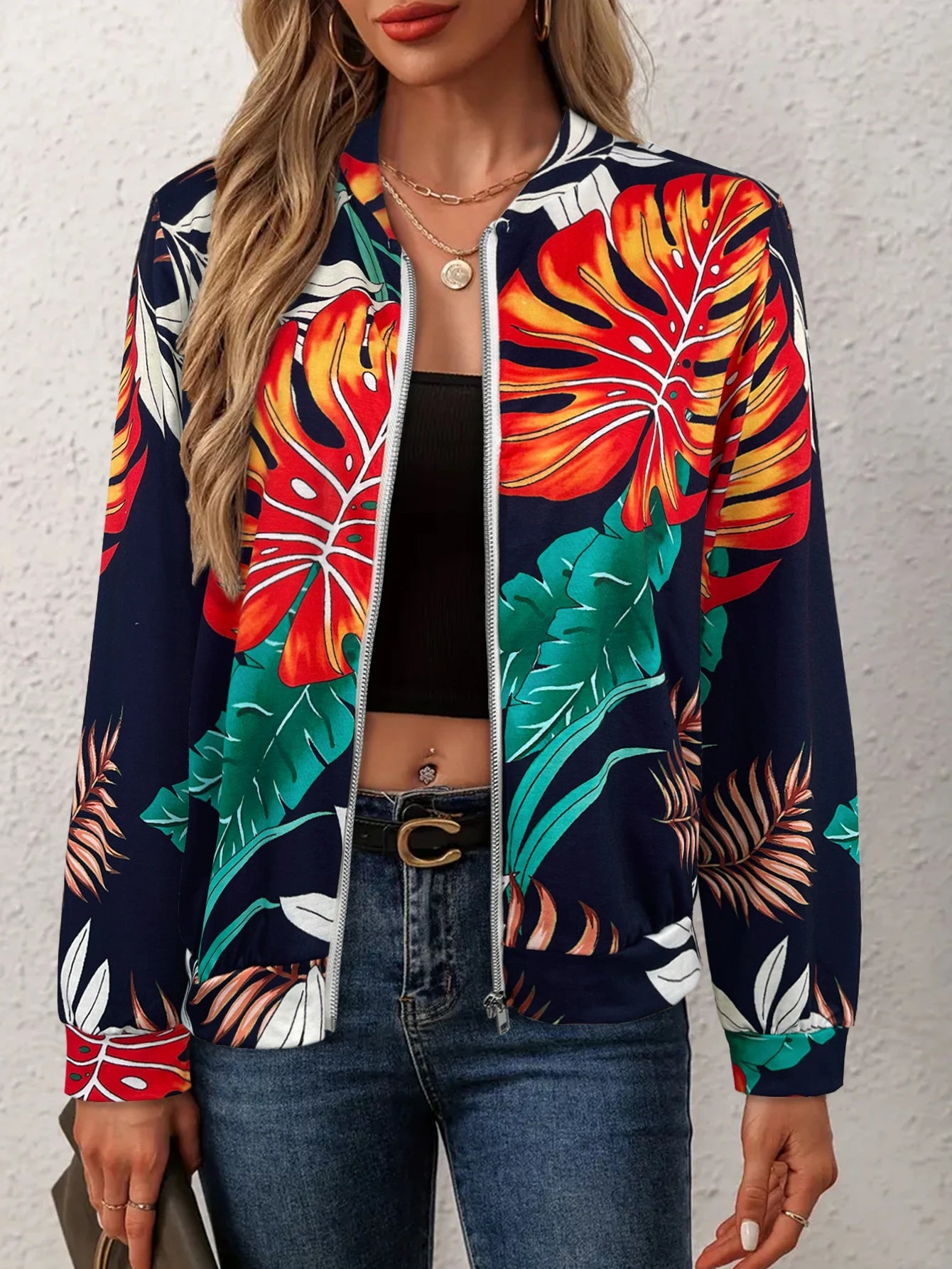 Vibrant Tropical Leaf Print Bomber Jacket