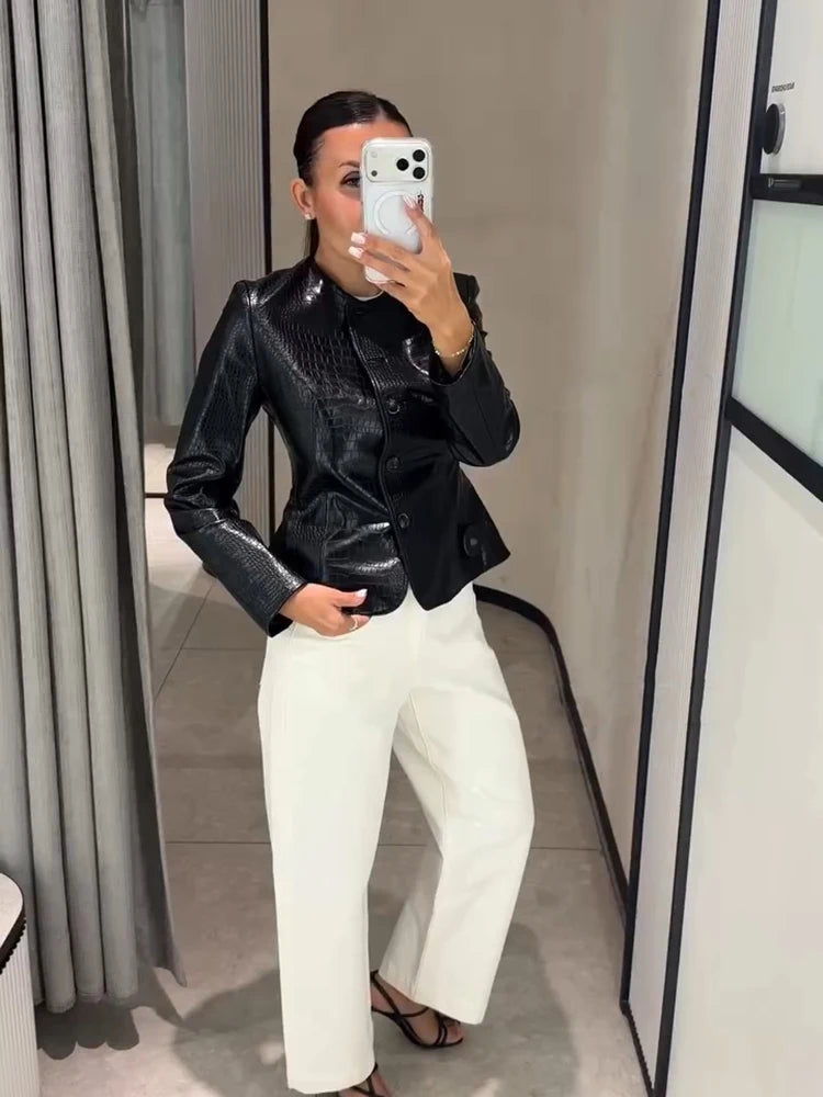 Slim Fit Single Breasted Faux Leather Jacket for Women