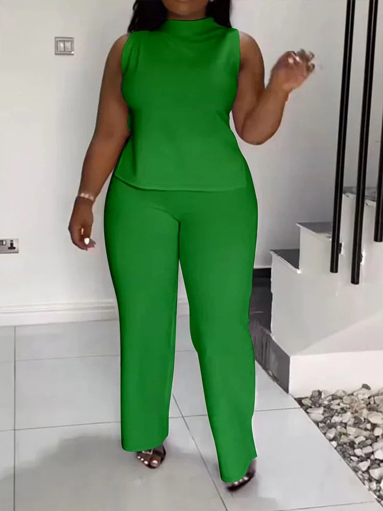 Wmstar Women Two Piece Set Plus Size 3XL 4XL Summer Casual Fashionable Print Sleeveless Shirt Suit Wide Leg Pants Female Outfits