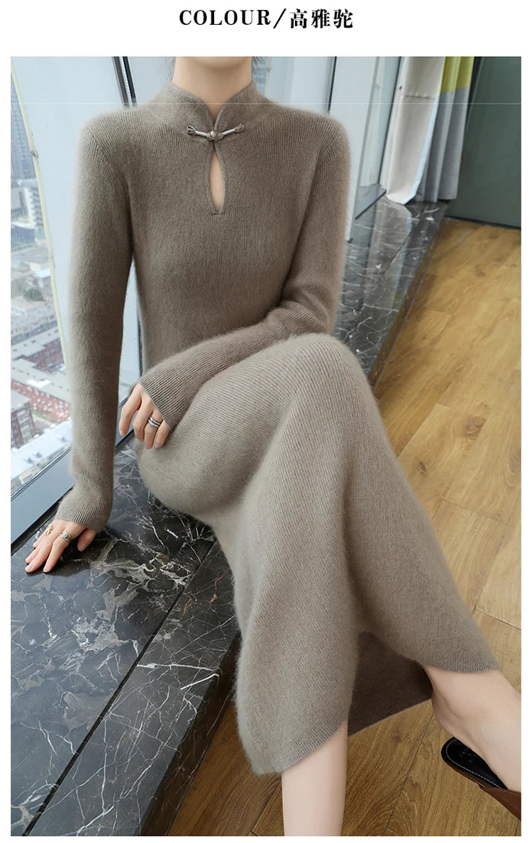 Cashmere Knit Dress with Stand Up Collar and Buckle for Women