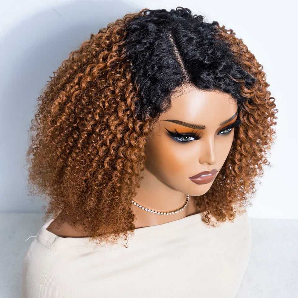 Ombre Brown Kinky Curly Glueless Bob Lace Wig for Women