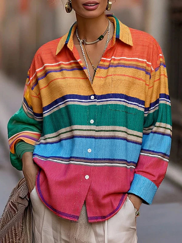 Bonboho Women Colorful Rainbow Stripe Button Down Shirt Lapel Collar Drop Shoulder Loose Long Sleeve Blouse With Chest Pocket