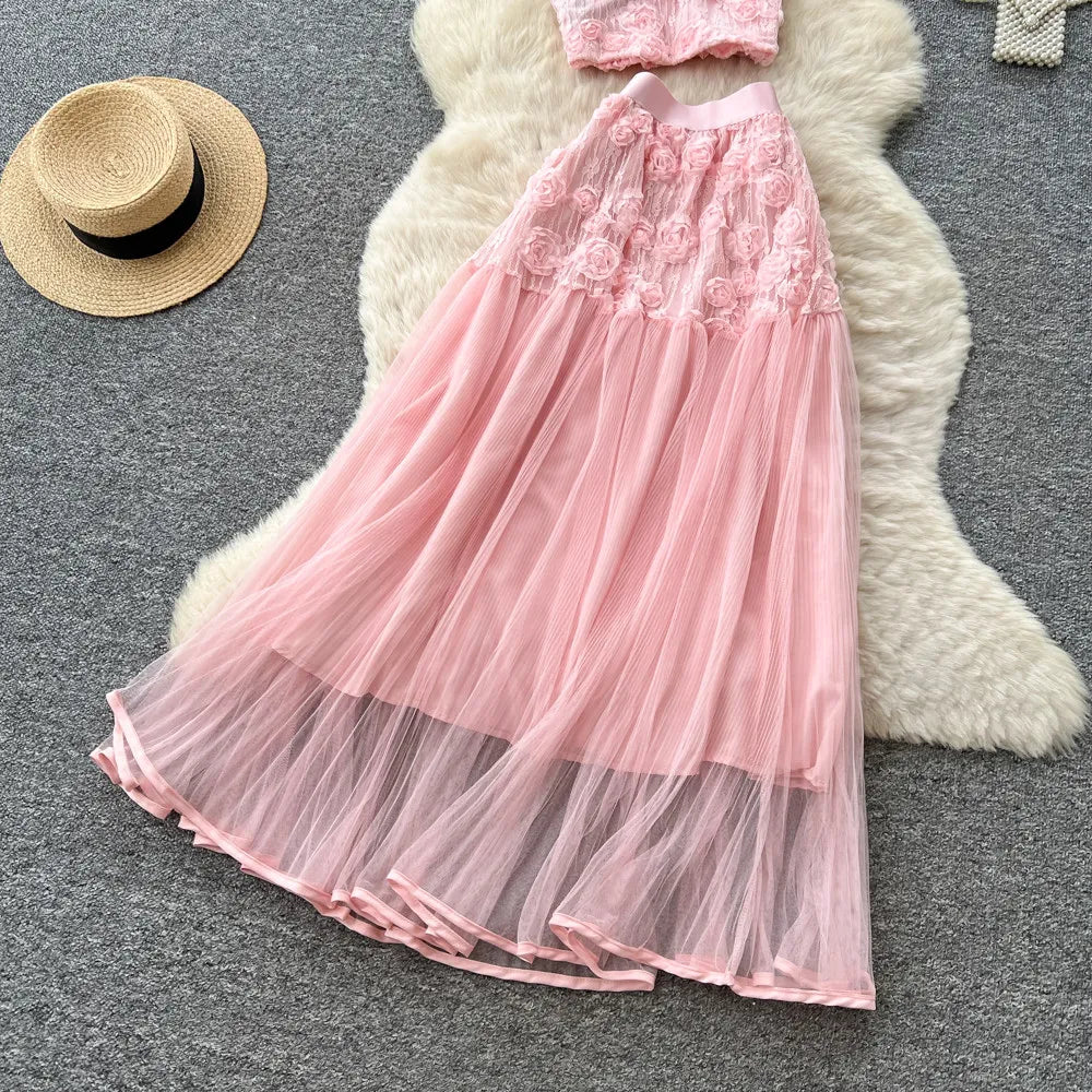 3D Floral Lace Camisole and Pleated Skirt Set for Women