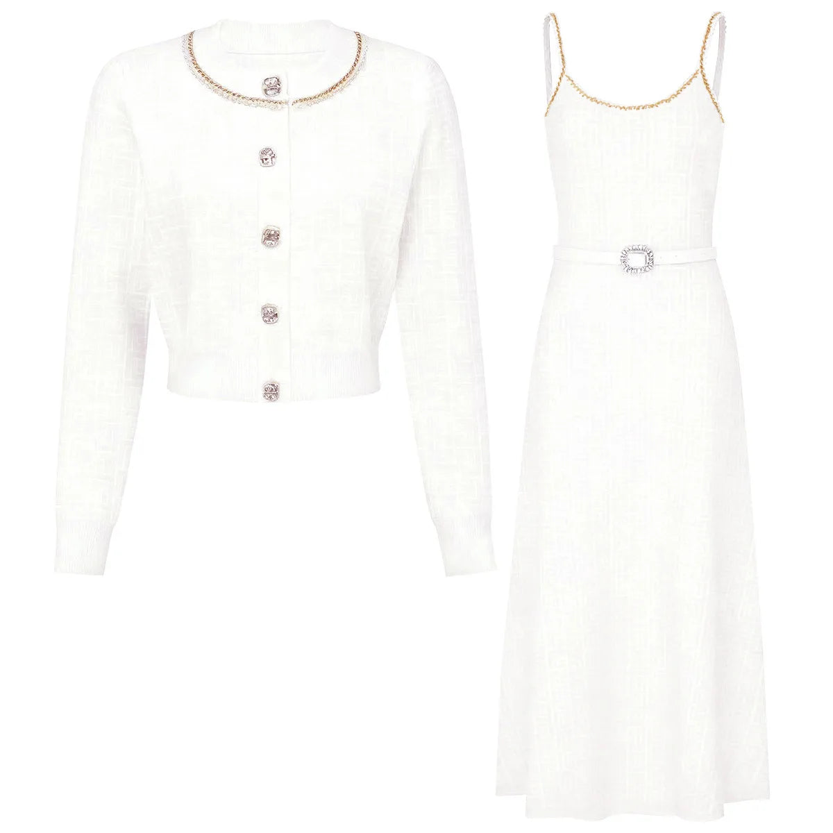 High-End Fashion Knitted Dress Set Autumn New Long Sleeve Single-Breasted Cardigan Coat Suspender Dress Women Two-Piece Set