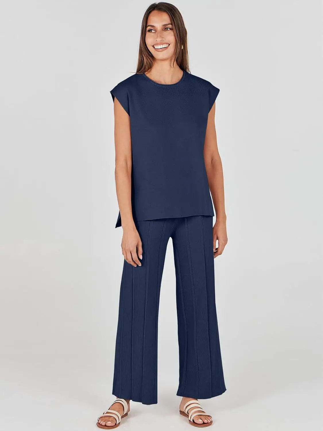 Summer Soft Knit Sleeveless Vest and Wide Leg Pants Set for Women