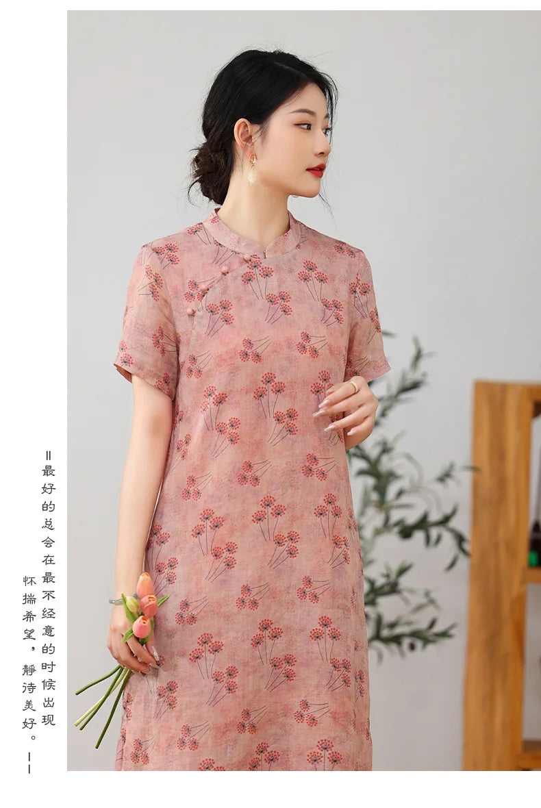 Elegant Floral Vintage Ramie Cheongsam Dress for Women