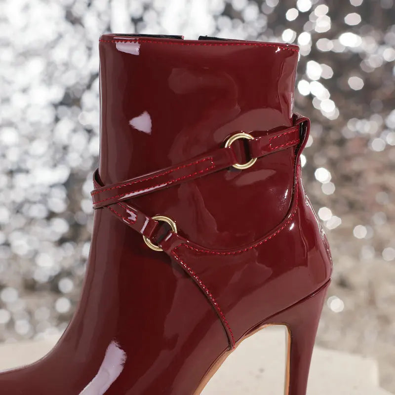 Glossy Patent Leather Pointed Toe Stiletto Ankle Boots for Women