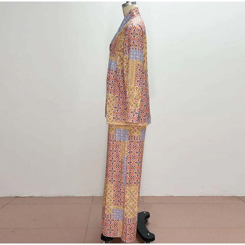 Casual Print Long Sleeve V-Neck Top Wide-Leg Trousers Two-Piece Set for Women