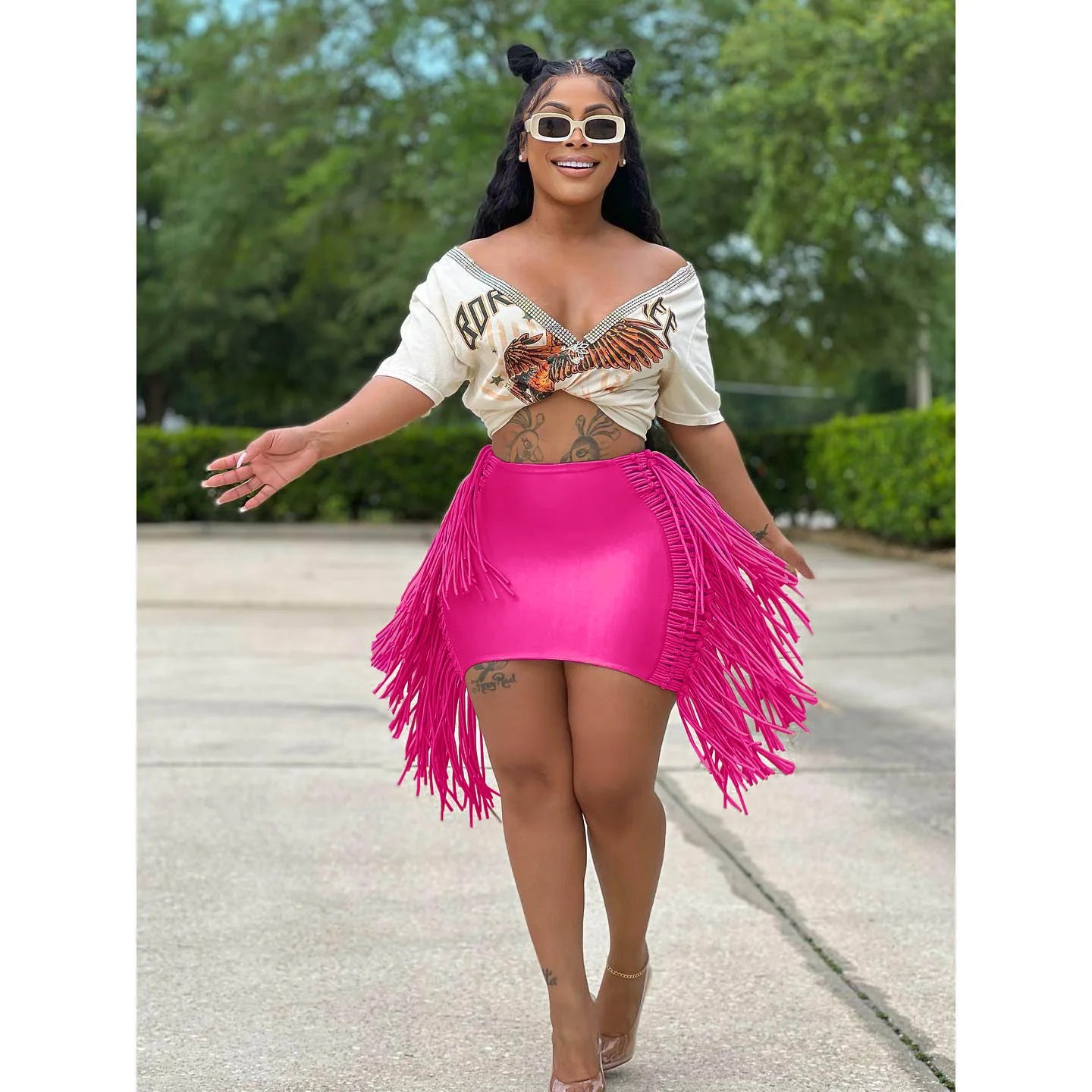 FAGADOER Sexy Tassel Bodycon Mini Skirts Party Club Outfits Women Fashion Chic Streetwear Short Birthday Holidays Skirt Solid