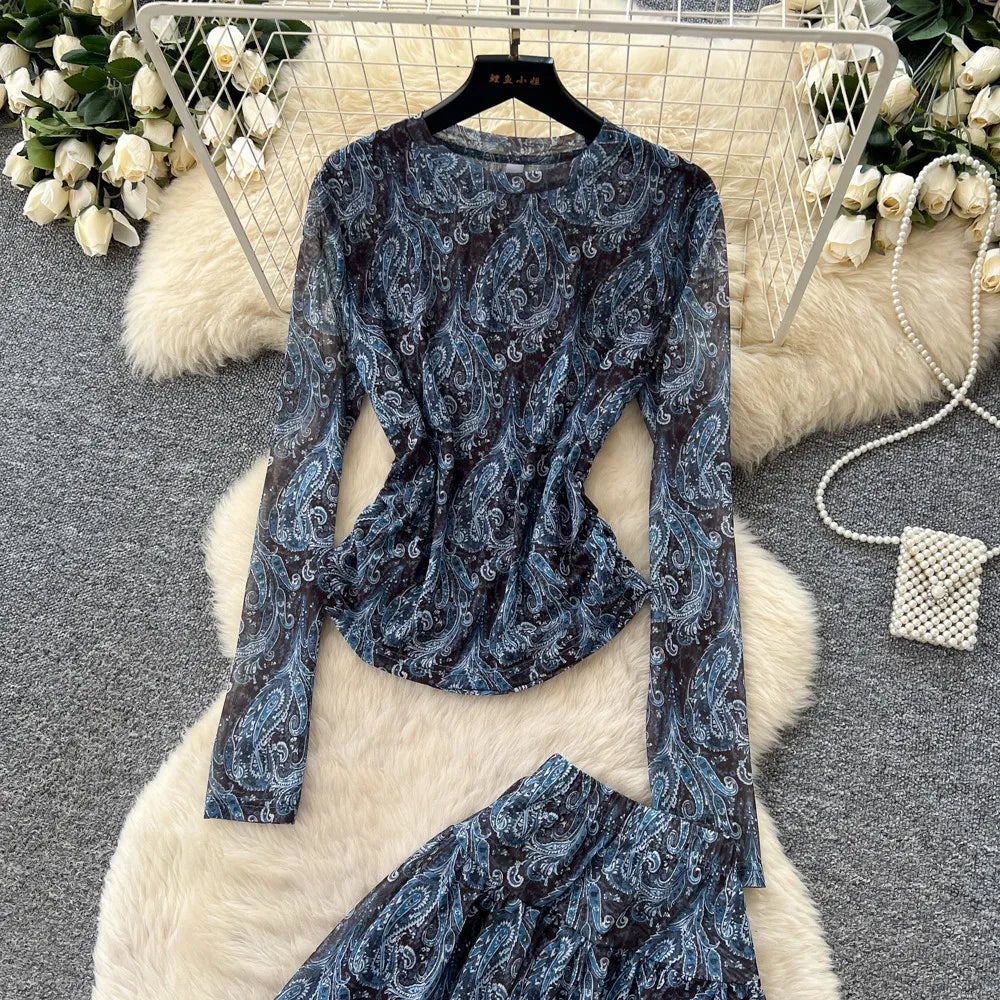 Printed Skirt Set With Long Sleeve Top