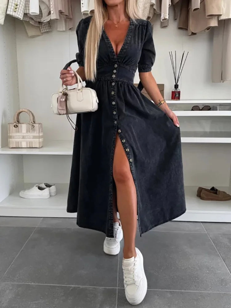 Spring Summer V Neck Fashion Maxi Dress, Women Half Sleeve Elegant Simple Party Dress, Single-Breasted Chic Ladies Dress Vestido