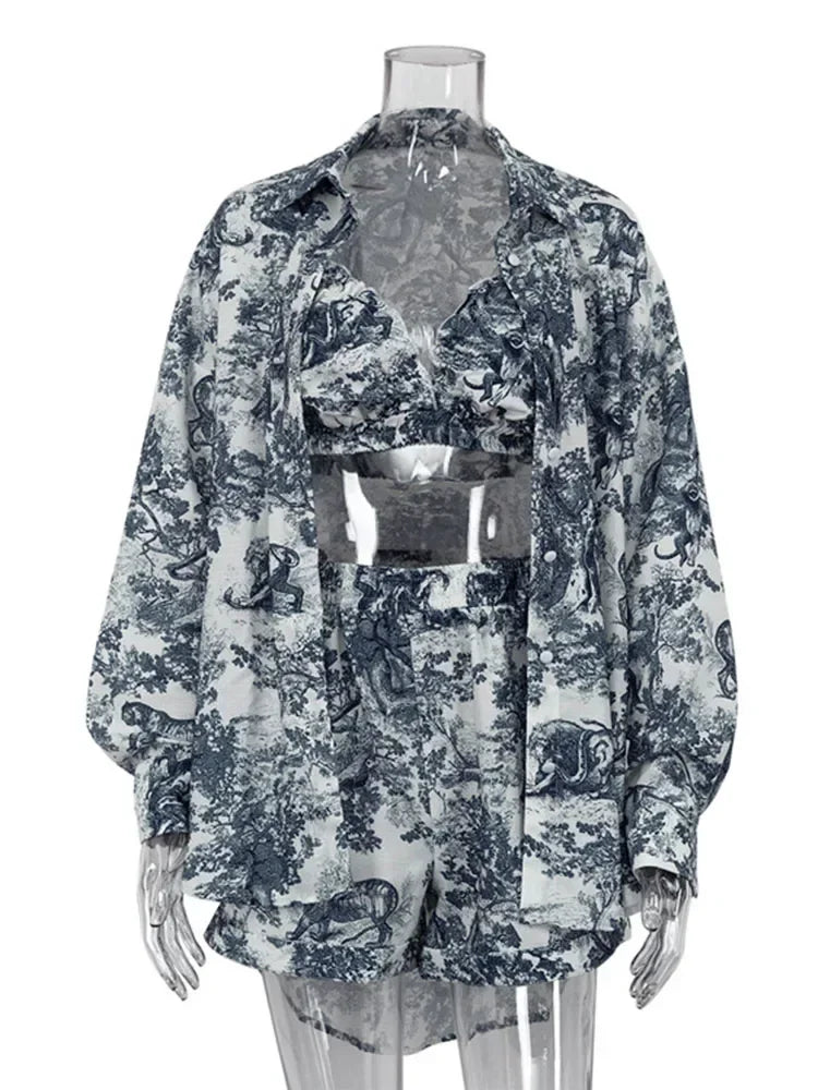 Casual Retro Ink Print Shirt and Shorts Set for Women