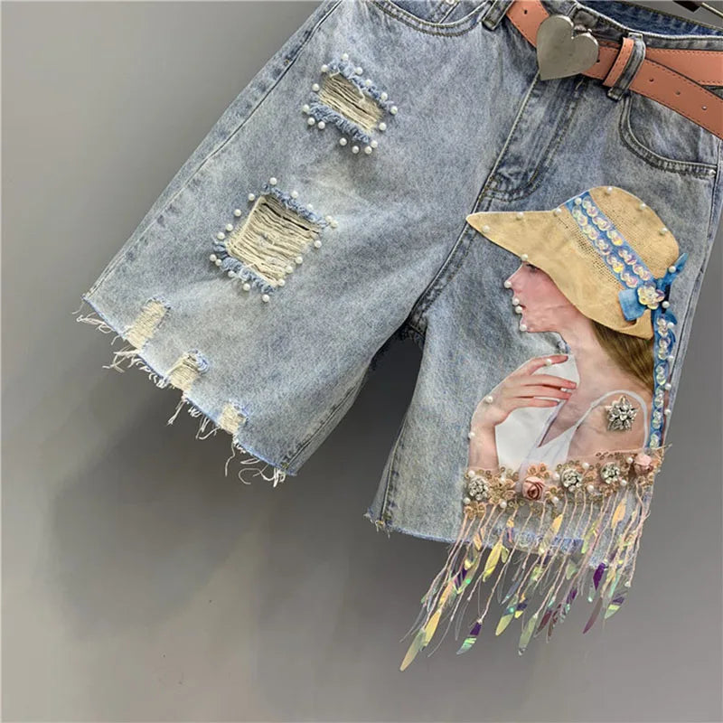 Tassel Bead Embellished Denim Shorts