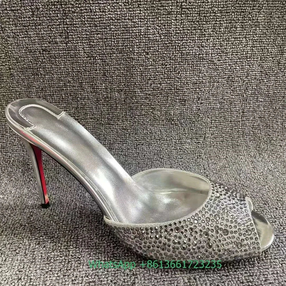 Elegant Rhinestone Peep Toe Stiletto Heel Slides For Women