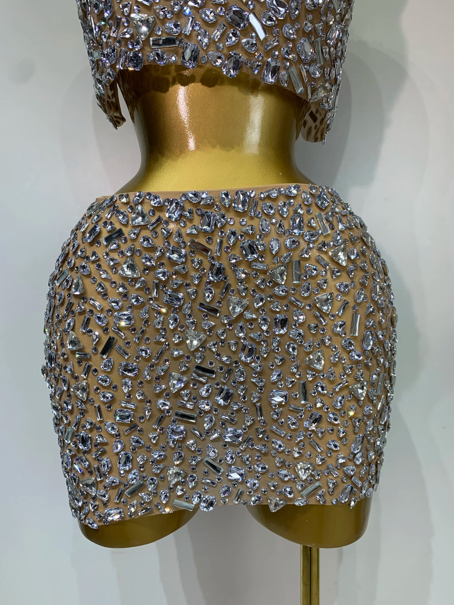 High Quality Sparkling Rhinestone Sexy See Through Blackless Top Skirt Two Pieces Set Woman Luxury Birthday Evening Party Gowns