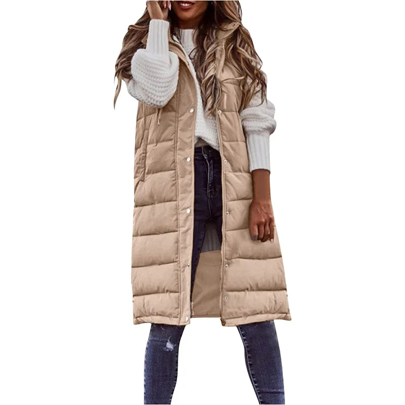 Warm Hooded Longline Sleeveless Vest Coat for Women