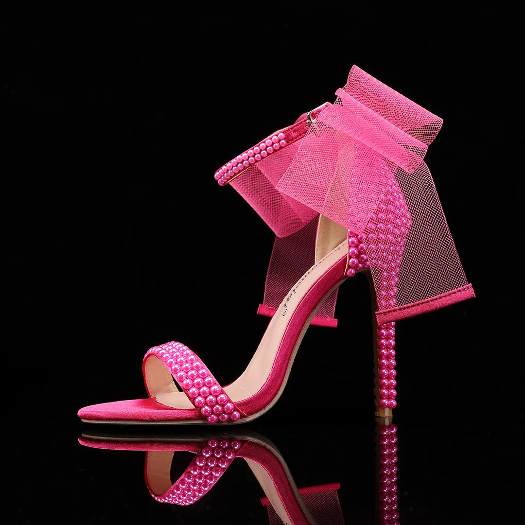 Elegant Pearl Beaded Mesh Bowknot Sandals for Women