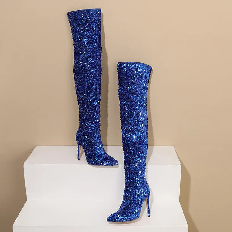 Sequin Pointed Toe Over The Knee Stiletto Boots For Women With Rear Zipper