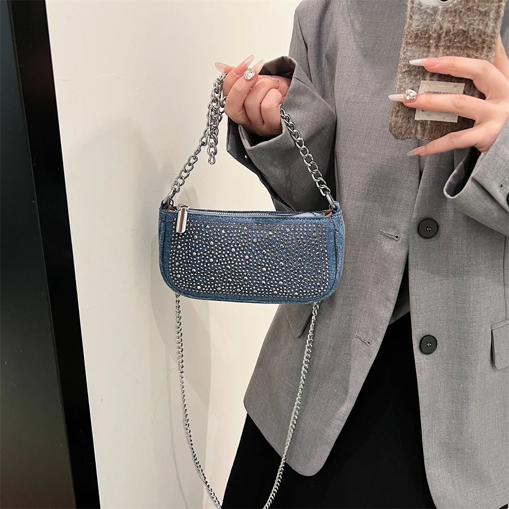 Rhinestone Appliqued Chain Shoulder Crossbody Bags for Women