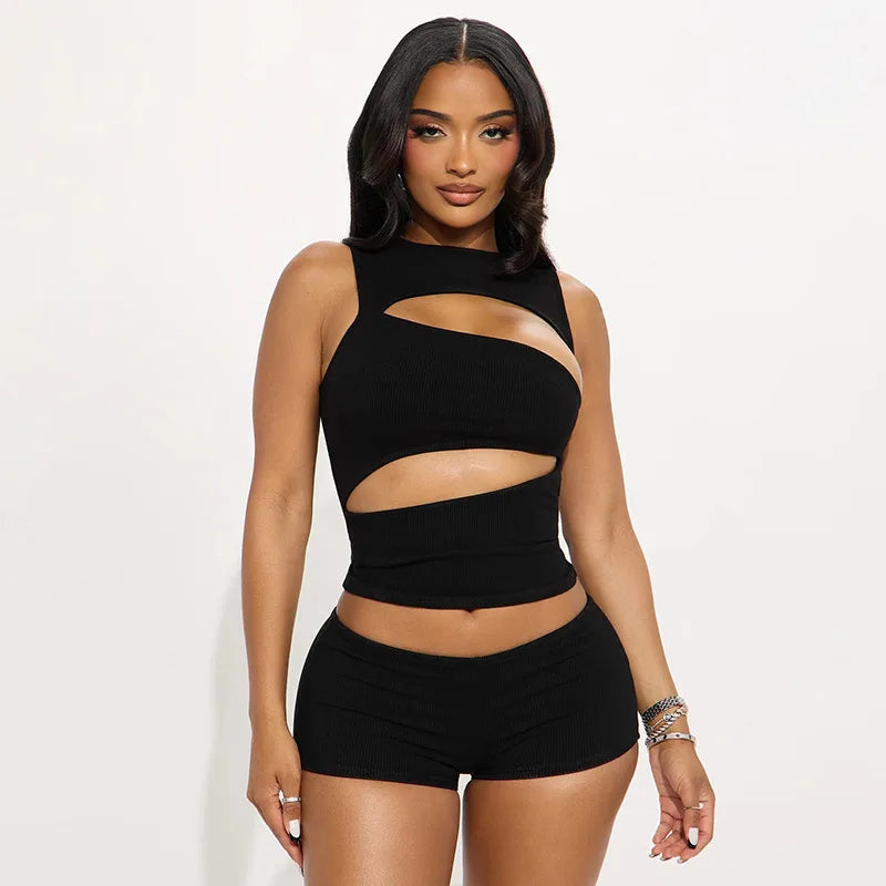 Hollow-Out Patchwork Crop Top and Shorts Set for Women