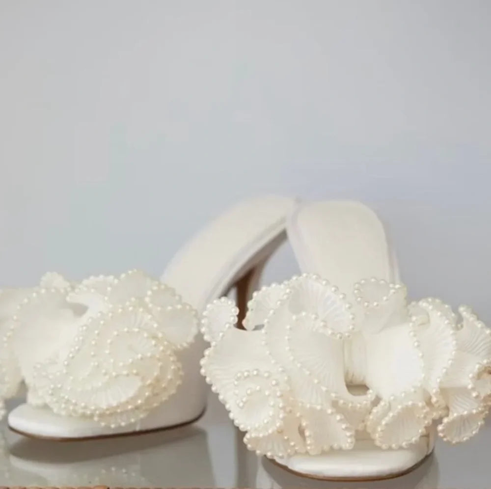 White Pearl Ruffle Bow Peep Toe Sandals