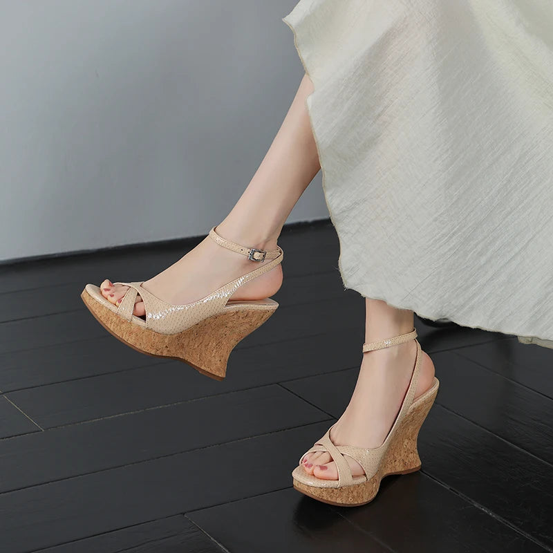 Snakegrain Textured Buckle Platform Wedge Sandals for Women