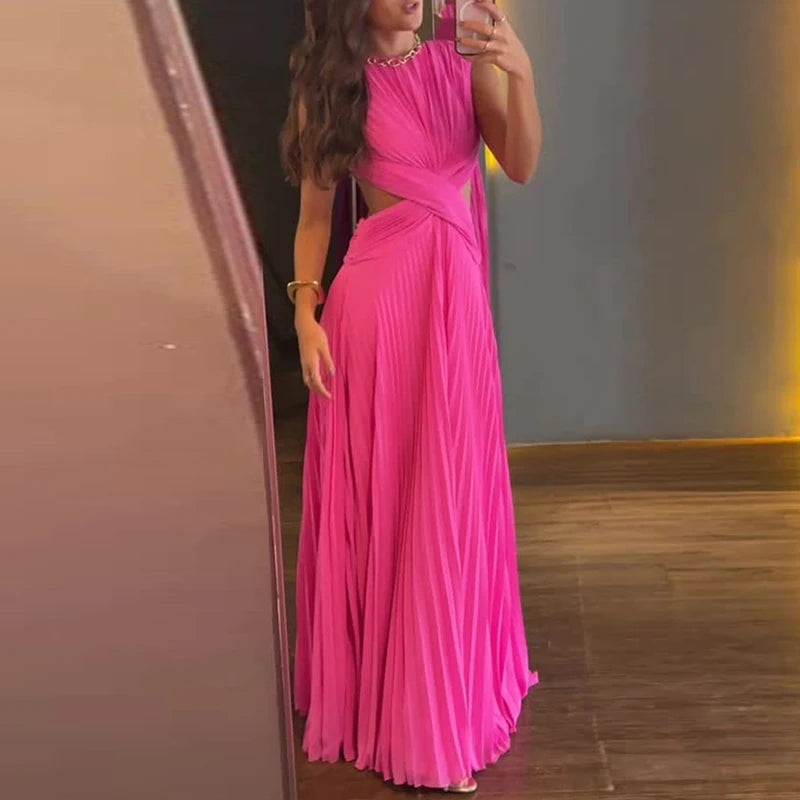 Elegant Backless Cross Pleated Maxi Dress for Women