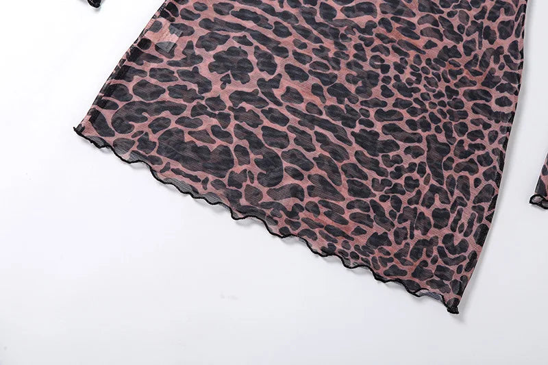 Leopard Print Backless Sheer Mesh Bodycon Dress for Women