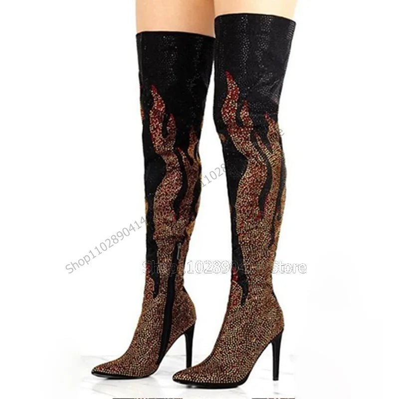 Multi Color Crystal Totem Decor Pointed Toe Boots For Women
