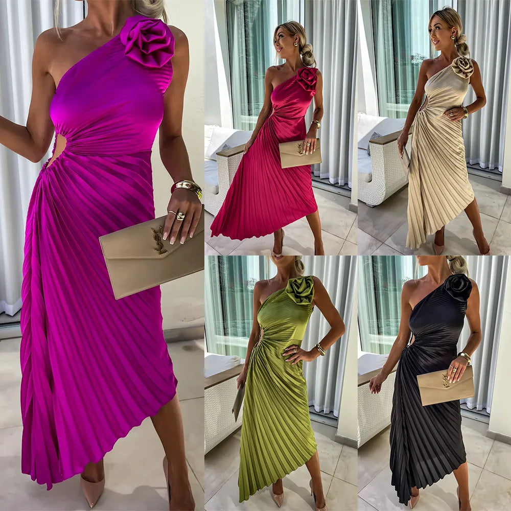 One Shoulder Flower Decor Pleated Elegant Dress for Women