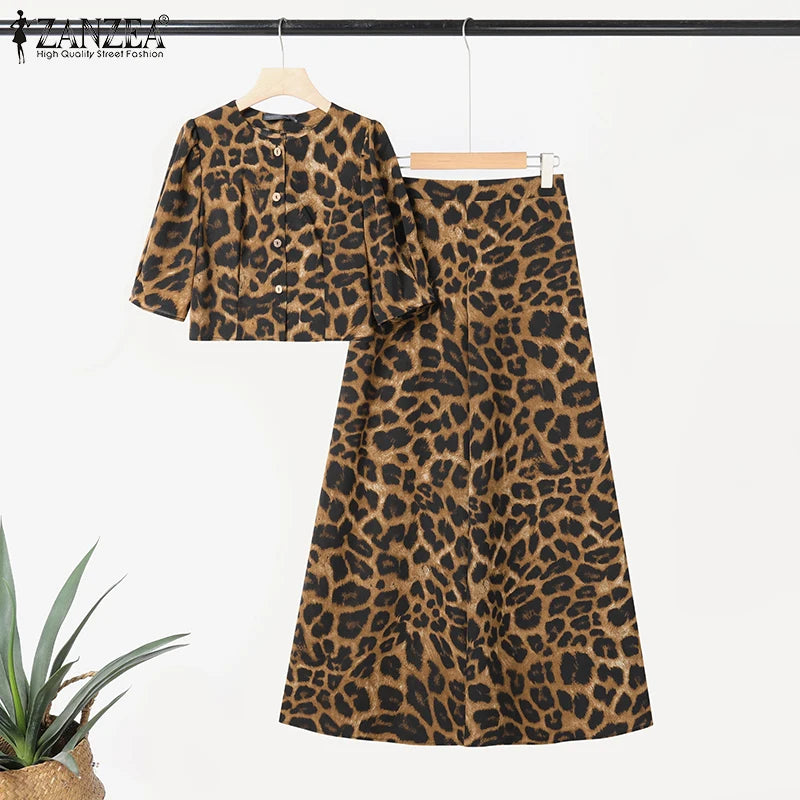 Leopard Print Puff Sleeve Pants Set