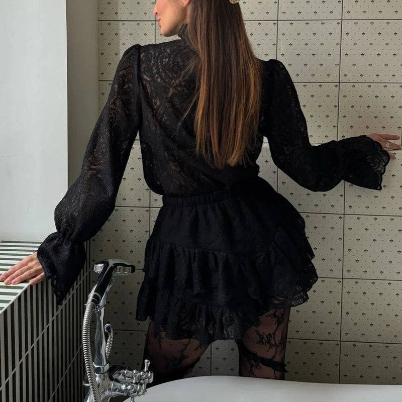 Embroidered Stand Collar Shirt And Skirt Set for Women