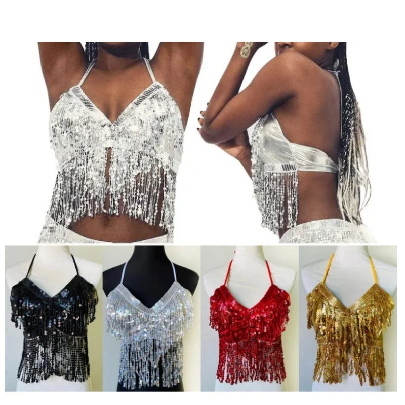Sequined Tassel Latin Dance Crop Top and Skirt Set for Women