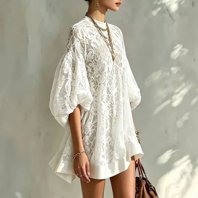Floral Lace Puff Sleeve Boho Ruffle Mini Dress for Women
