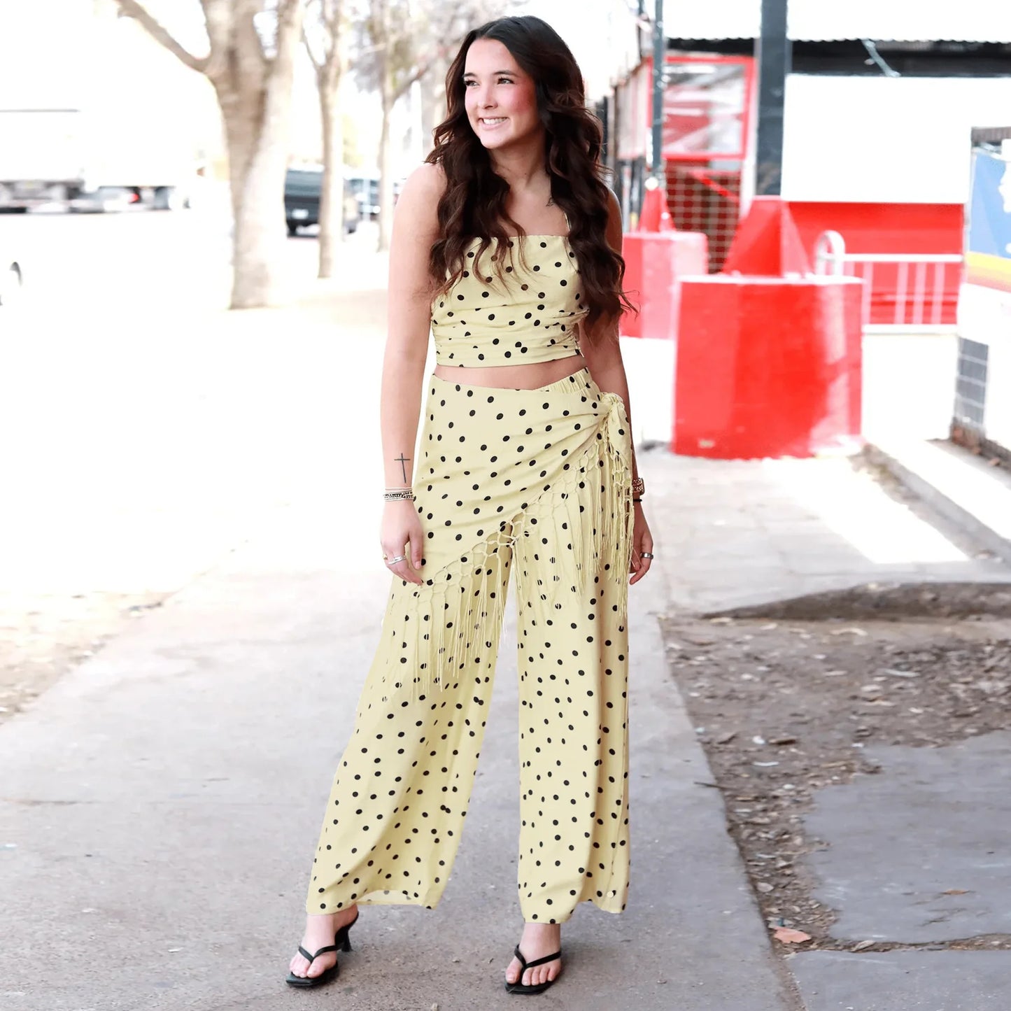 Polka Dot Print Halter Crop Top Tassel Fringe Two Piece Outfit for Women