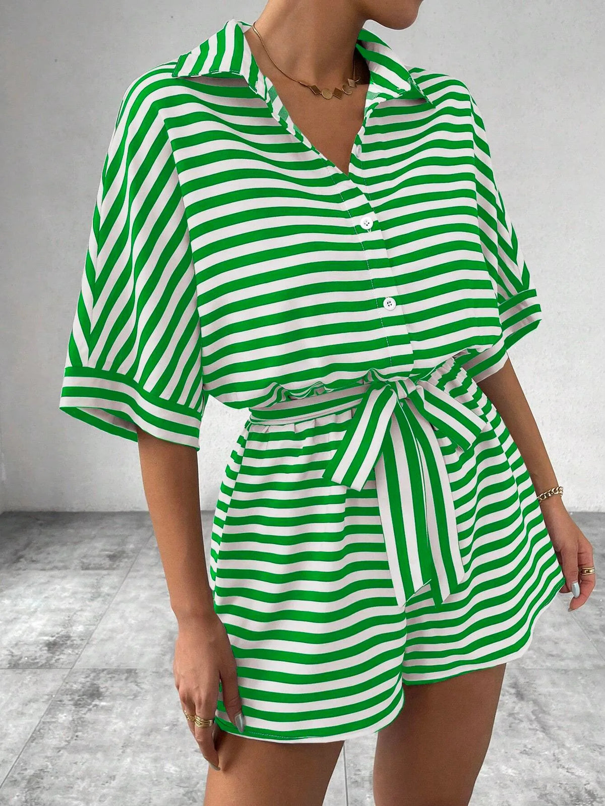 Casual Striped Batwing Sleeve Top And Shorts Set For Women