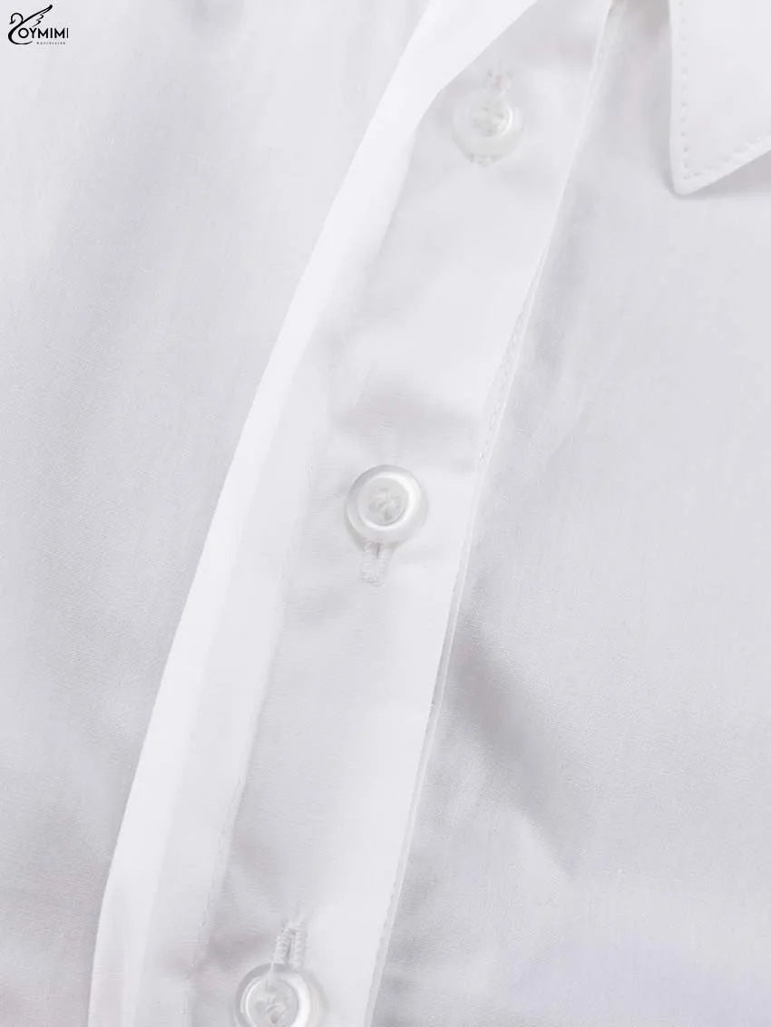 Oymimi Elegant White Cotton Dresses 2025 Woman Fashion Turn-Down Collar Half Sleeve Button Dress Casual Loose Mini Dress Female