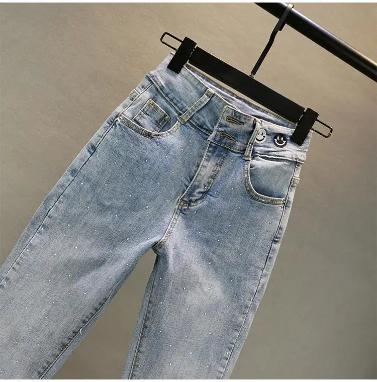 Washed Vintage Elastic Slim Light Denim Jeans for Women