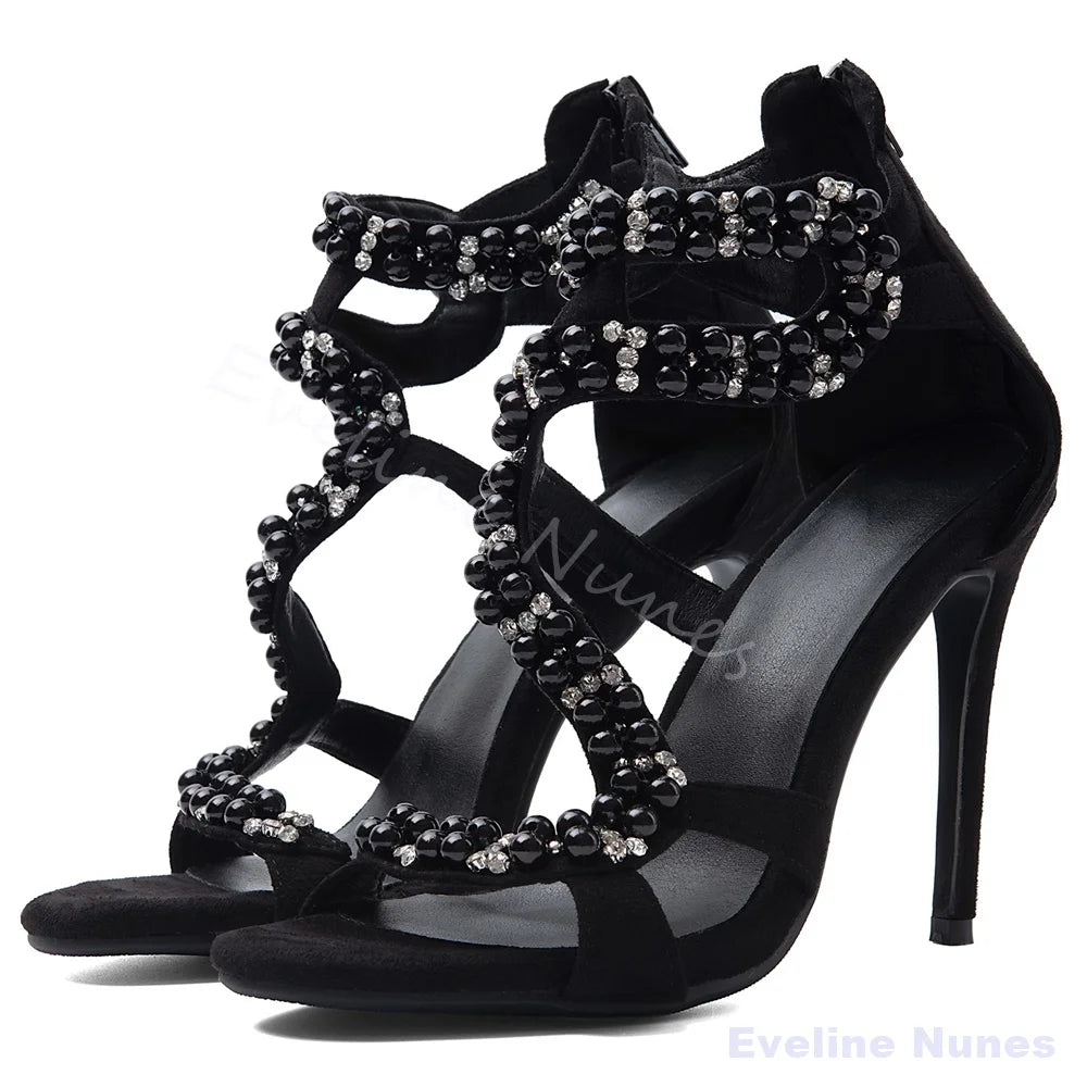 Black Crystal Beaded Gladiator Heeled Sandals For Women