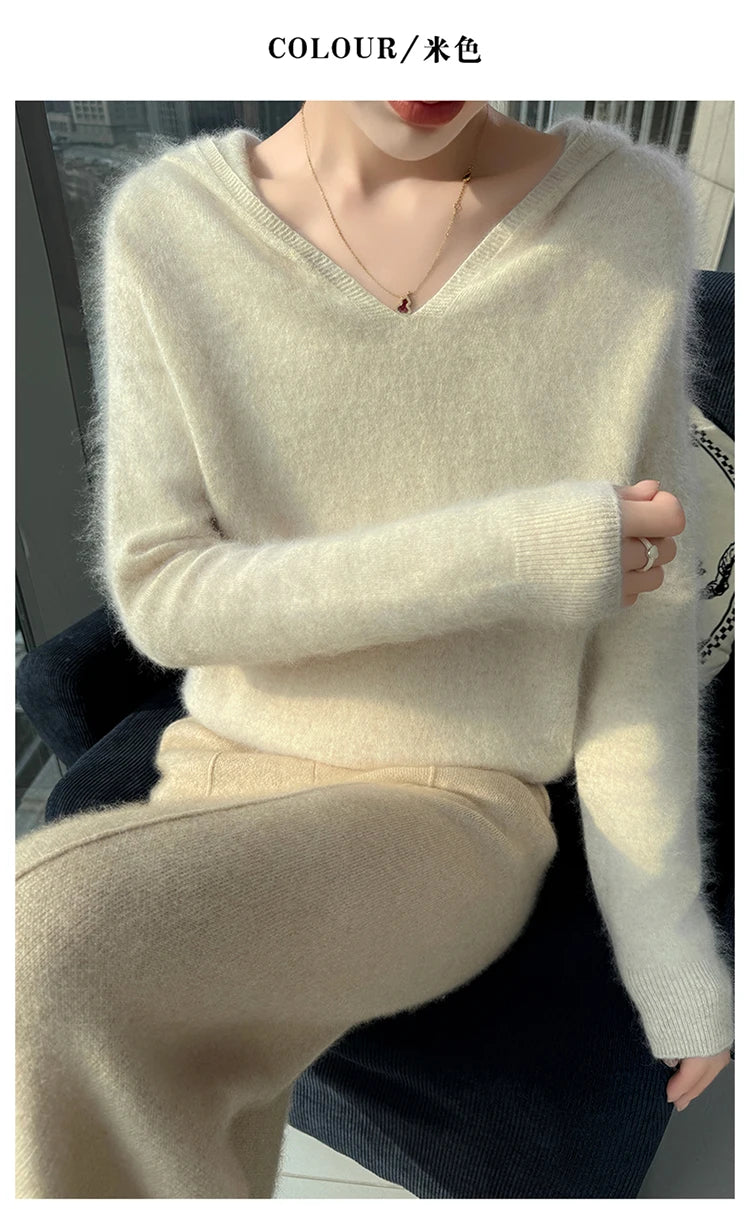 Loose Fit Thick Knit Hooded V-Neck Sweater for Women