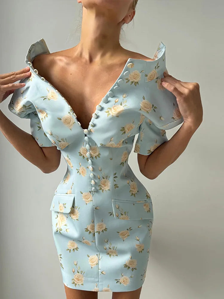 Elegant Printed Short Sleeve Stand Collar Dress for Women