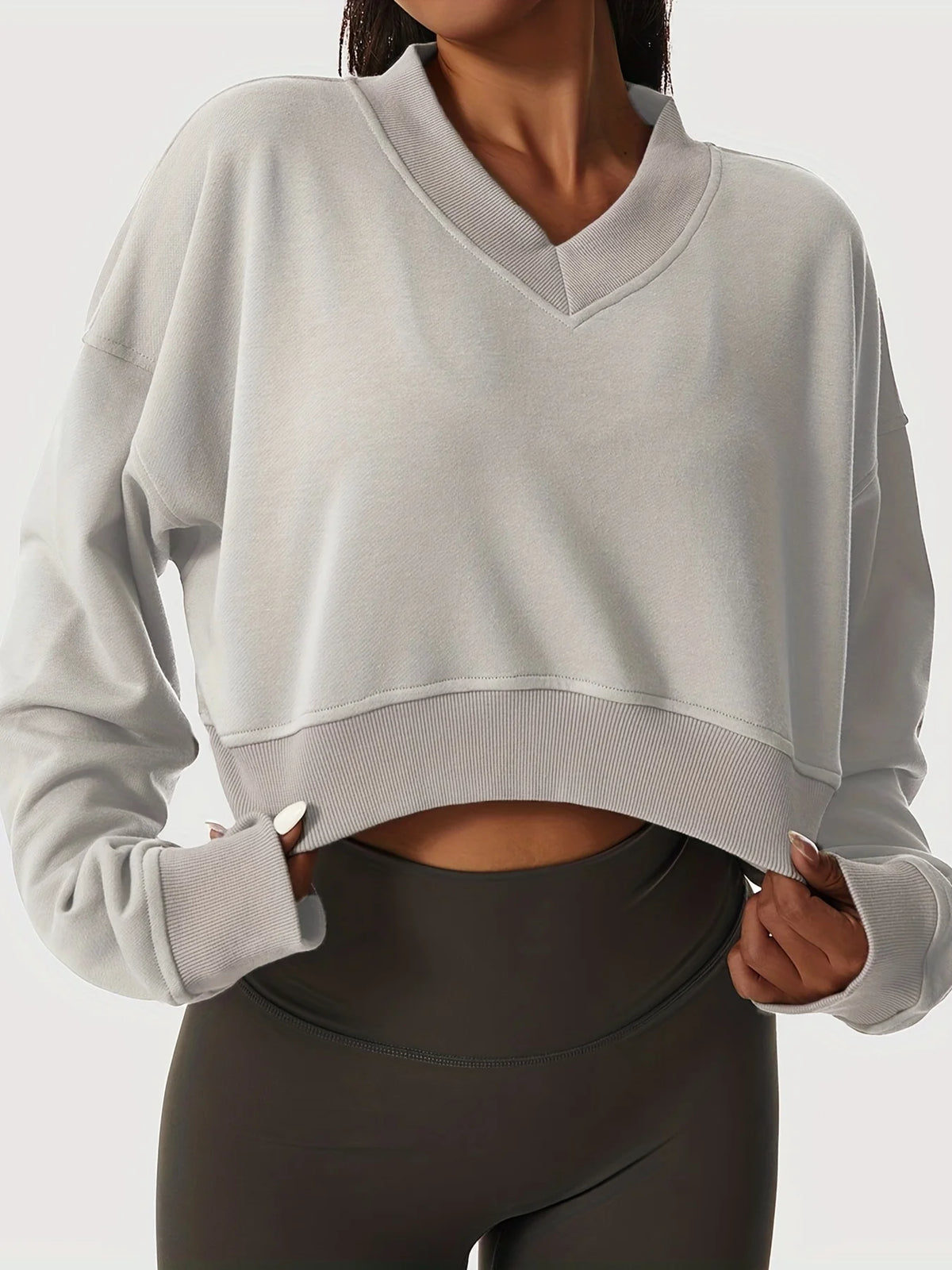 Casual Cropped V Neck Long Sleeve Sweatshirt for Women