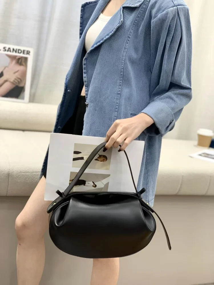 Circular Three-dimensional Bowling Bag For Women Fashion Leather Ruched Top Handle Handbags Casual Shoulder Crossbody Bag Purses