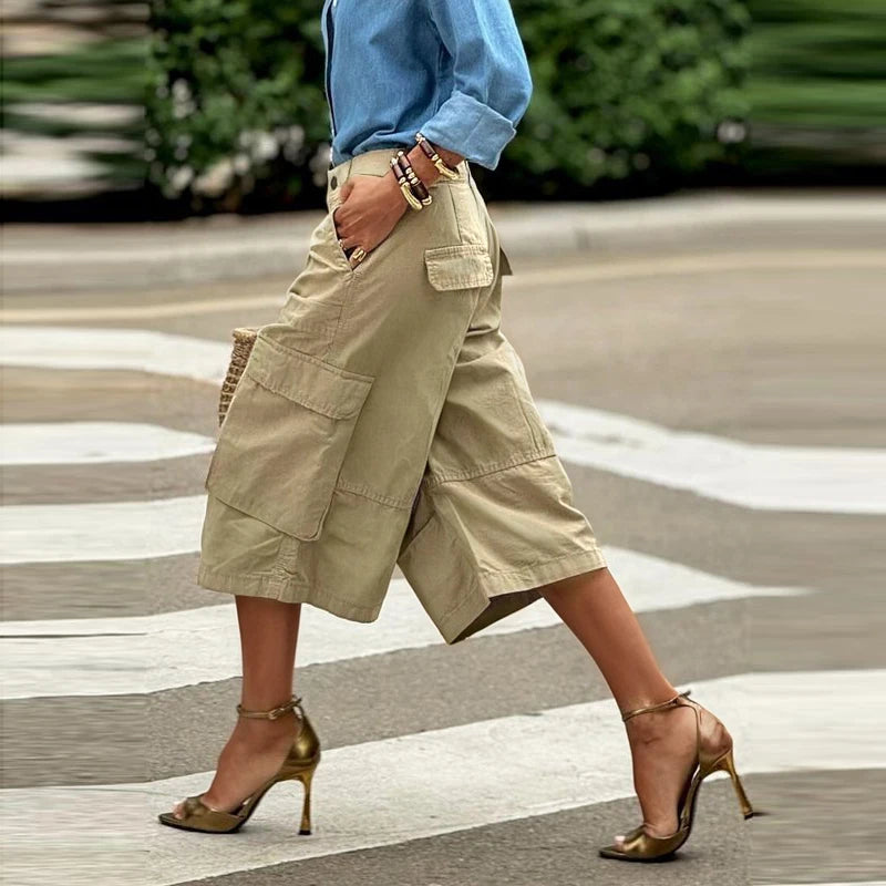 Krisstarsgirls Summer Woman Wide Leg Capris Pants with Pockets 2025 New Trendy Cotton Clothes Loose Cropped Cargo Pants Female