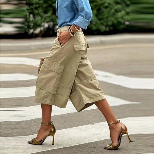 Krisstarsgirls Summer Woman Wide Leg Capris Pants with Pockets 2025 New Trendy Cotton Clothes Loose Cropped Cargo Pants Female