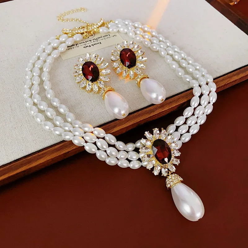 Simulated Pearl Necklace And Earring Set