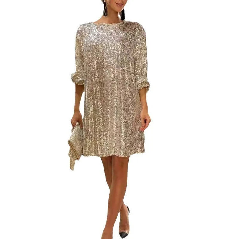 Sparkly Puff Long Sleeve Party Dress with Belt for Women Glitter Beaded Mini Dress Loose Wedding Bridesmaid Ladies Short Dresses