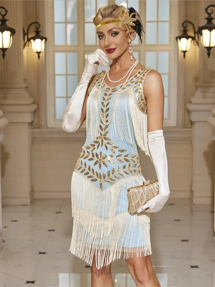 Sequined Beaded Embroidery O Neck Knee Length Dress for Women
